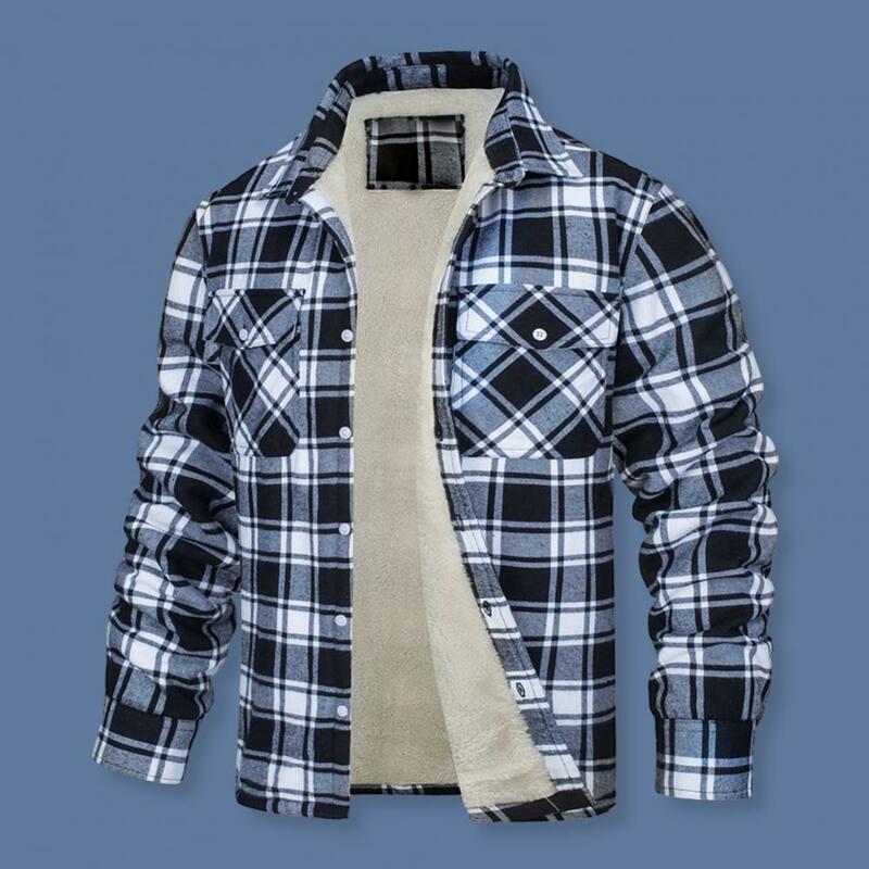 Single-breasted Jacket Plaid Print Lapel Men's Fall Winter Jacket with Soft Plush Pockets Single-breasted Design for Casual