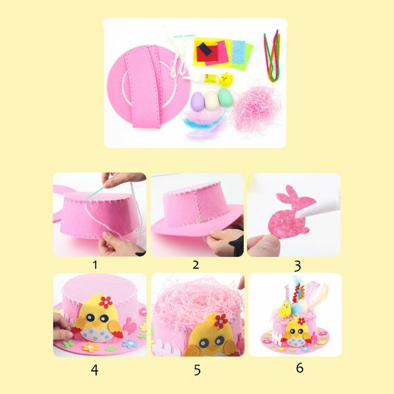 Chapéu de coelho de Páscoa para crianças, tecido não tecido, chapéu artesanal, casca de ovo pintada, brinquedo DIY, pintainho decorado