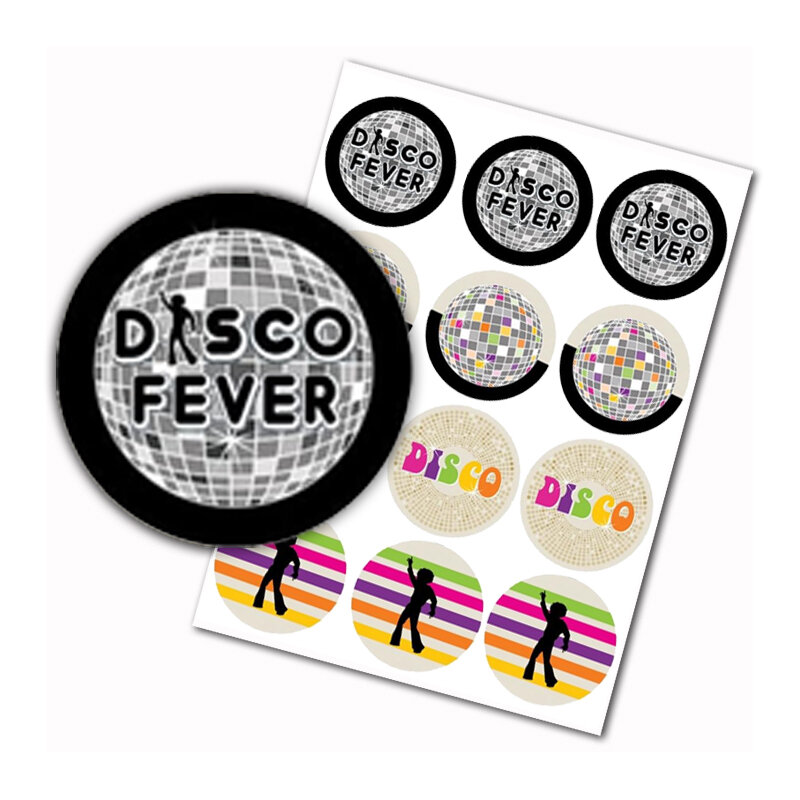 Etiqueta Adhesiva redonda para fiesta DISCO fever de los 70, 1970