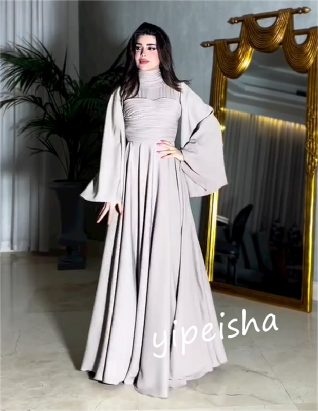 Платье для выпускного вечера, вечернее бальное трикотажное платье трапециевидной формы с драпировкой и оборками, платье на заказ с высоким воротником, длинное платье, Саудовская Аравия