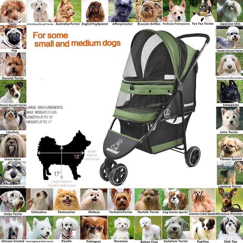 ROODO 3 Roda Pet Stroller, Leve, Dobrável, Portátil, Compacto, Basculador, Pet Gear, Cachorro, Viagem, Cão, Gato