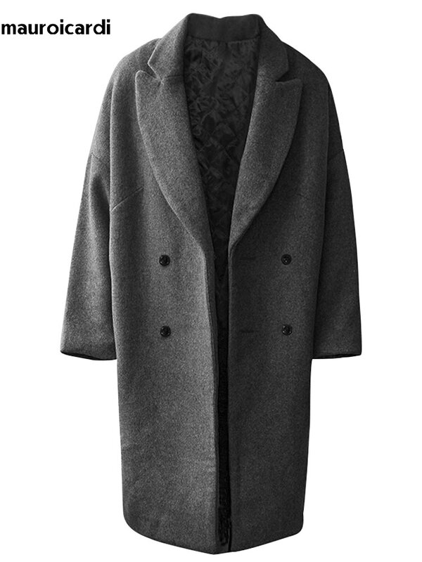 Mauroicardi outono inverno solto casual cinza preto macio quente casaco de lã casulo masculino lapela duplo breasted coreano moda 2022