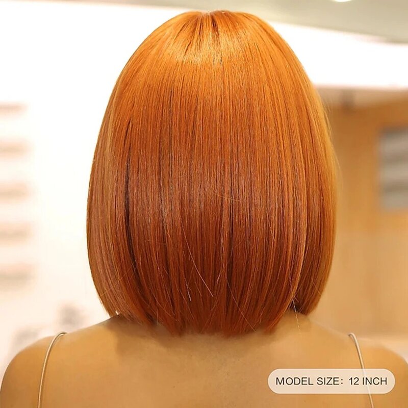 Kostum Wig sintetik oranye rambut putri lurus keriting lurus bagian tengah mesin potong rambut dibuat Wig 14 inci