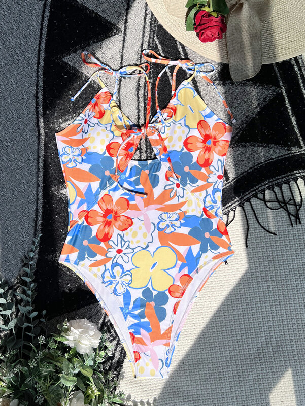 섹시한 꽃무늬 프린트 백리스 수영복, 원피스 드로스트링, 레이스업 비키니, 티팬티 수영복 바디수트, 여성용 비키니 수영복
