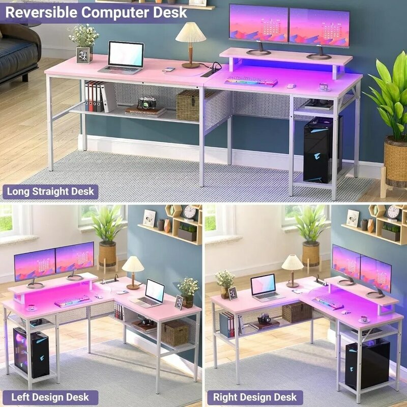Escritorio Reversible en forma de L con tomas de corriente y luz LED inteligente, escritorio de oficina para computadora de 55 pulgadas, diseño de rejilla único