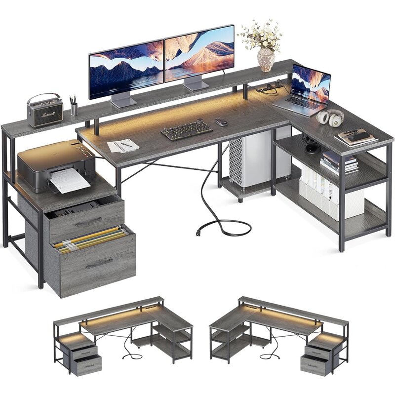ODK L Shaped Desk with File Drawer, 75" Reversible L Shaped Computer Desk with Power Outlet & LED Strip, Office Desk