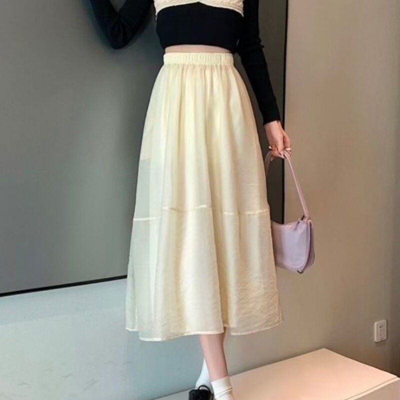 Elastic Waist Skirts for Women Loose Solid Thin Summer Clothing Elegant Ladies All-match Korean Style Popular Design Ins A-line