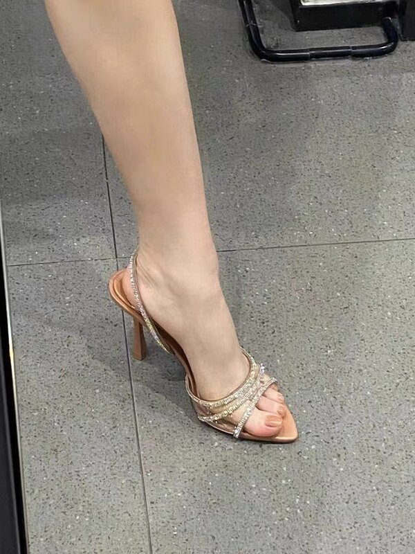 2024 Summer New Women's Shoes Natural Color Bright Light Embedding High Heels Slim Heels Sandals Transparent Pointed Shoes