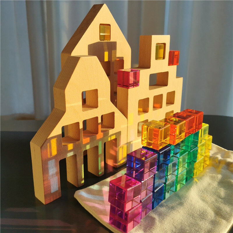Juguetes de madera Montessori para niños, casa de madera holandesa grande, cubo Lucite de pared, bloques educativos creativos, regalo de cumpleaños