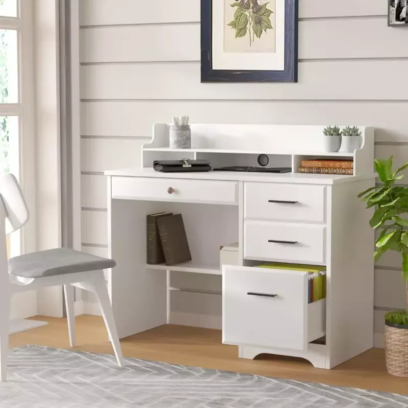 Meja dengan laci dan penyimpanan, meja kantor rumah, meja komputer dengan 4 laci & Hutch, Meja kecil putih dengan laci