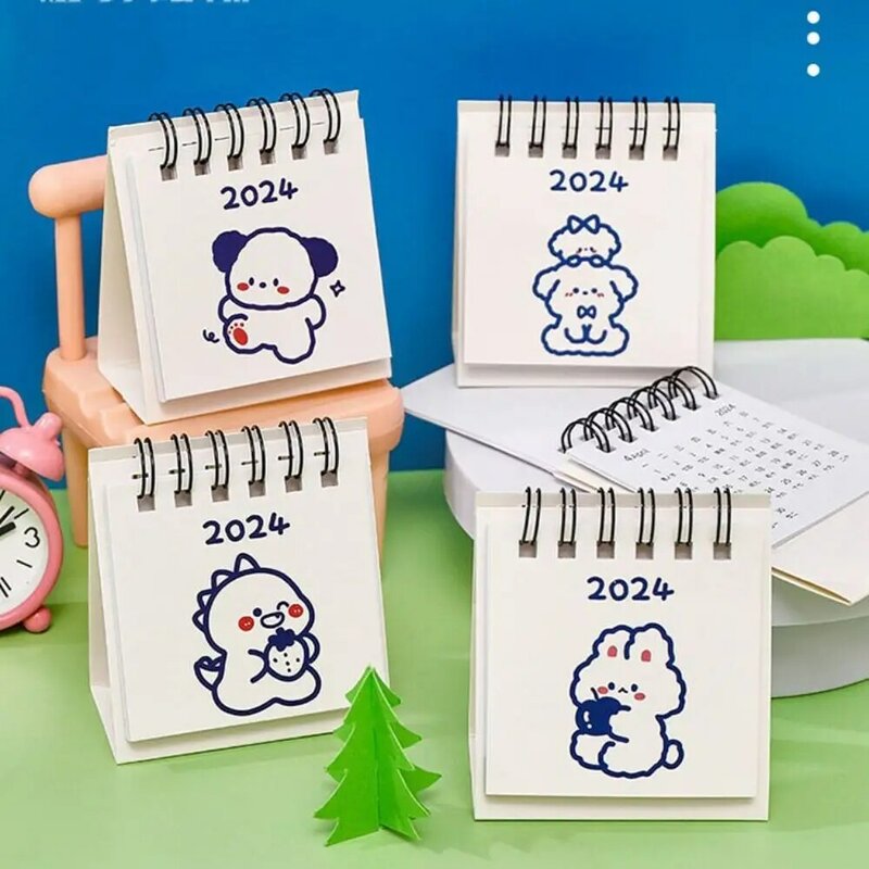 Cartoon Mini Desktop Calendar, Coil Notepad, Simples, Ins, Desenhos animados, Fofos, Estudante, 2024