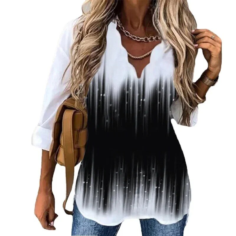 Women Fashion Spring Autumn Floral Print Long Sleeve Shirts Femme Casual Loose Tops Deep V Neck T Shirts Comfortable Clothes