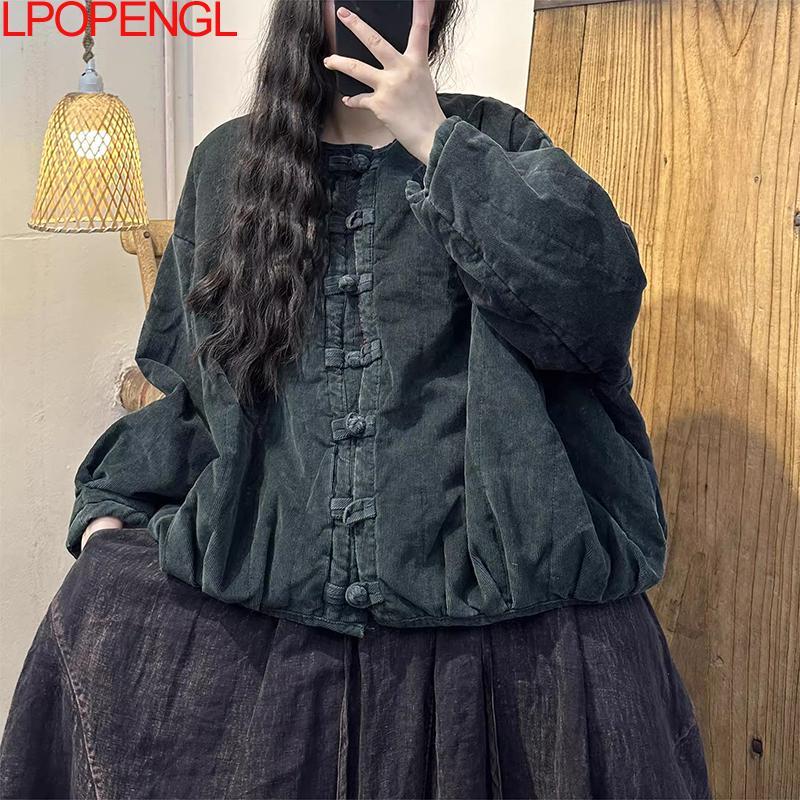 Abrigo de pana Vintage para mujer, chaqueta gruesa de algodón de un solo pecho, con hebilla de estilo chino, cálida, de Color sólido, novedad de invierno
