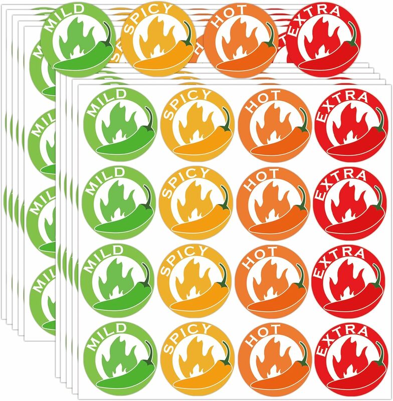 Pegatinas indicadoras picantes de 4 niveles, etiquetas de pimienta roja, 1 pulgada, tienda de comestibles, advertencia de alimentos