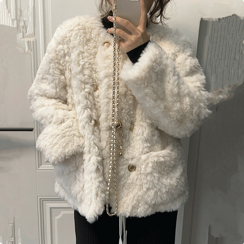 Lambswool Coat Women Fashion White Fluffy Blended Fake Fur Coat Autumn Winter Jacket Female Plus Fleece Thick Warm Overcoat 2357