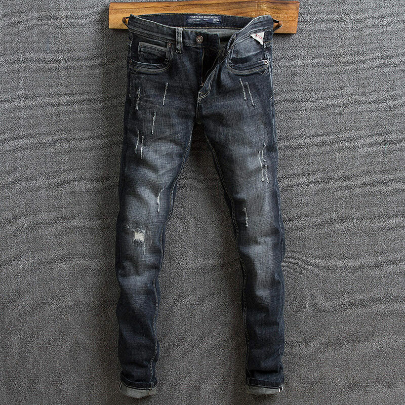 Italiaanse Stijl Mode Mannen Jeans Retro Blauw Elastische Slim Fit Verzwakte Ripped Jeans Mannen Vintage Designer Denim Broek Hombre