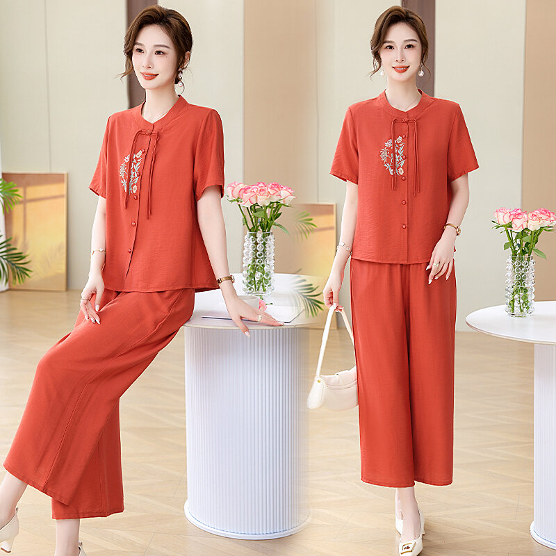 Conjunto de dos piezas de camisa Qipao bordada de manga corta para mujer, pantalones de pierna ancha holgados, ropa informal Vintage para verano