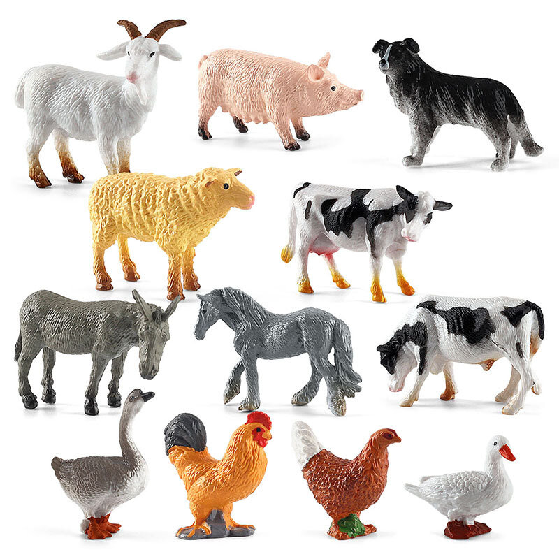 12pcs Simulation Farm Poultry Wild Animals Action Figures Model Rooster Pig Cow Sheep Horse Goose Collie Mini Toy for Children