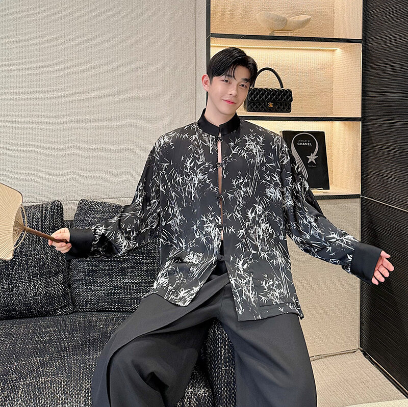 NOYMEI-Camisa masculina com gola em estilo chinês, manga comprida, folha de bambu impressa, design de nichos, novo, primavera, 2022, WA4480