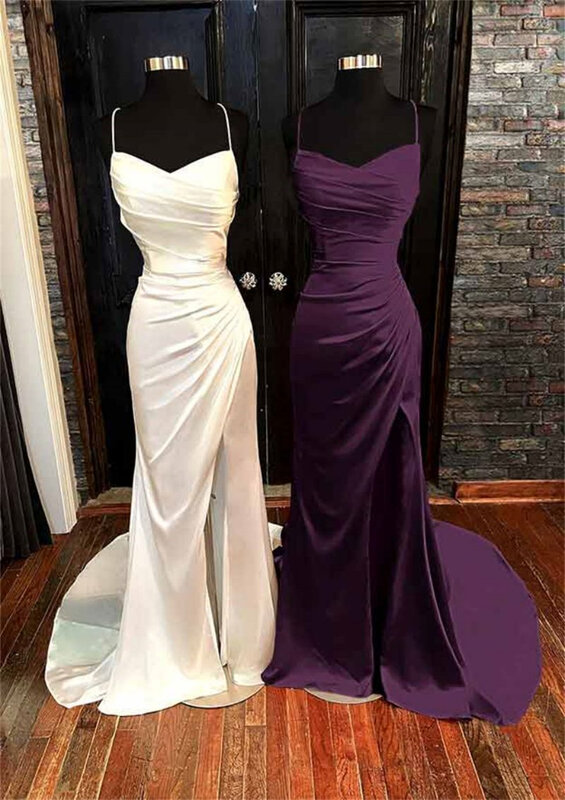 Женское атласное вечернее платье с V-образным вырезом, на бретельках, со шнуровкой и открытой спиной, плиссированное бальное платье с высоким разрезом, 2024