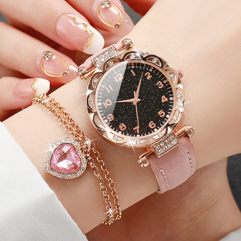 6 sztuk/zestaw modny damski pasek skórzany do zegarka zegarek kwarcowy i zestaw biżuteria w kształcie serca miłosnych