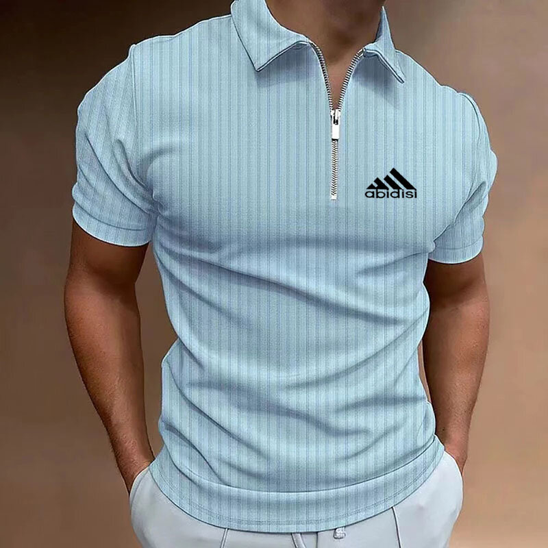 Camisa polo masculina de manga curta com zitper, cor pura, verao, 2024