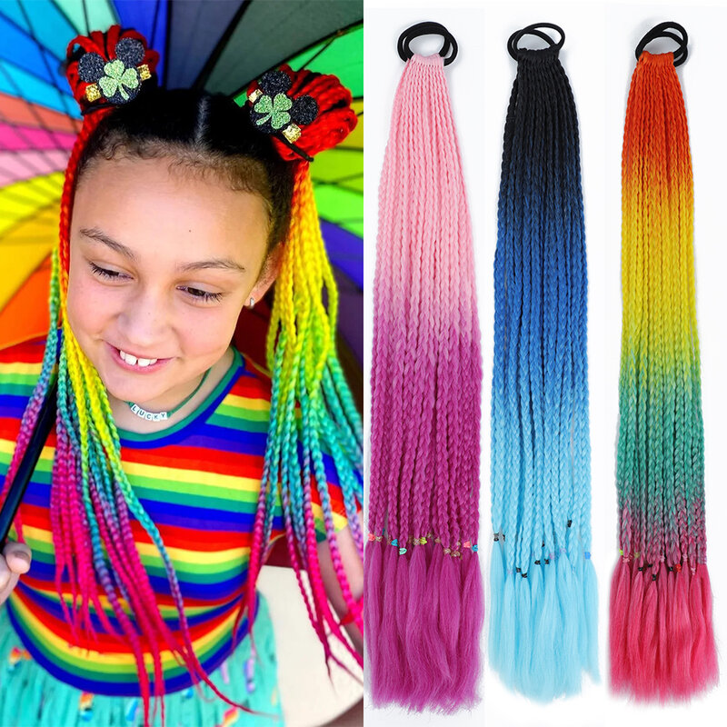 Azqueen Synthetische Vlechten Paardenstaart Hair Extensions Met Rubber Band Gradiënt Kleurrijke Lange Vlechten Pony Tail Voor Kids Vrouwen