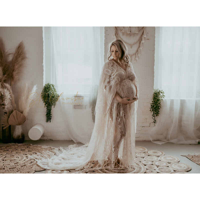 Don & Judy Boho gaun bersalin renda, fotografi dengan rumbai panjang Maxi untuk pesta pernikahan pemotretan Studio gaun untuk wanita hamil