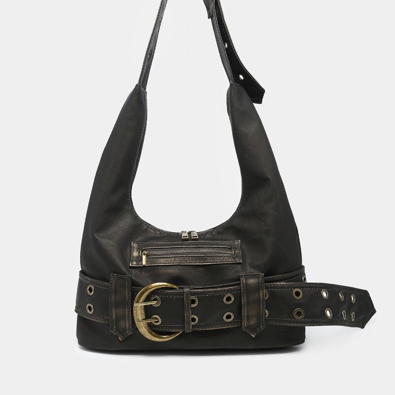 Xiuya Vintage Shoulder Bag for Women Y2k Gothic Aged Leather Fashion Tote Bag New Designer Luxury Street Advanced Female Handbag