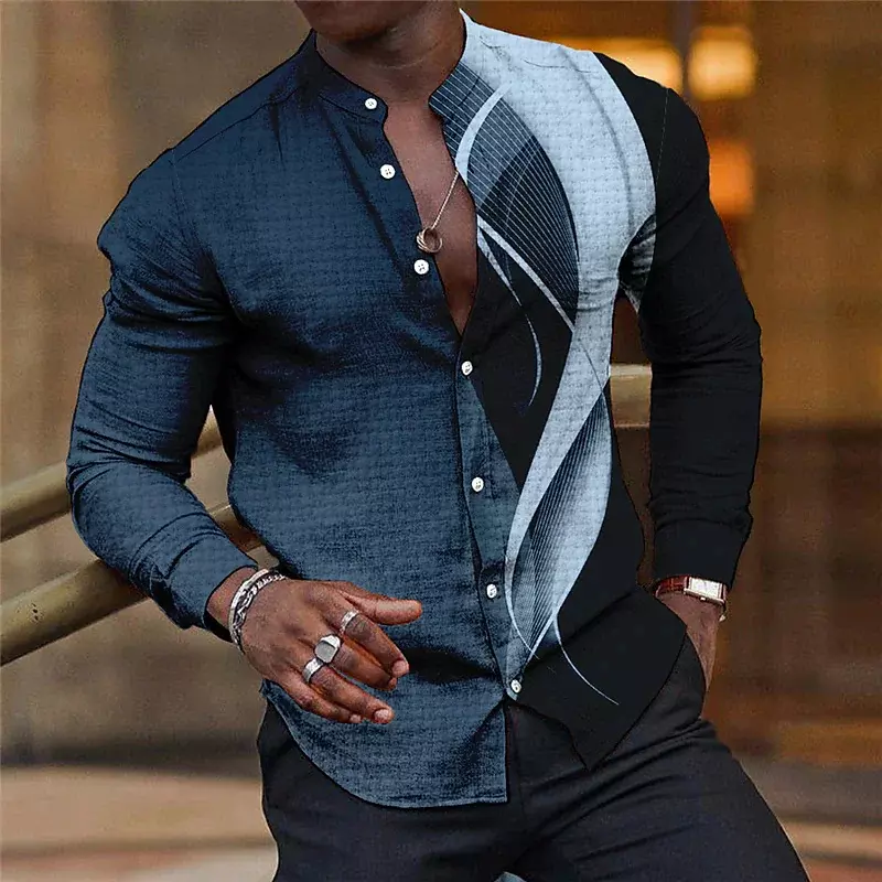 Рубашка мужская с отворотом, воротником-стойкой, модная повседневная синяя фиолетовая Геометрическая уличная искусственная ткань высокого качества, новинка 2023
