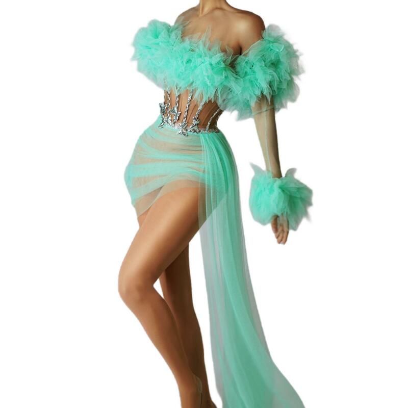Gaun pesta dansa wanita dekorasi kupu-kupu payet 2024 gaun Prom pendek hijau Mint dengan kereta samping Xinshenlv