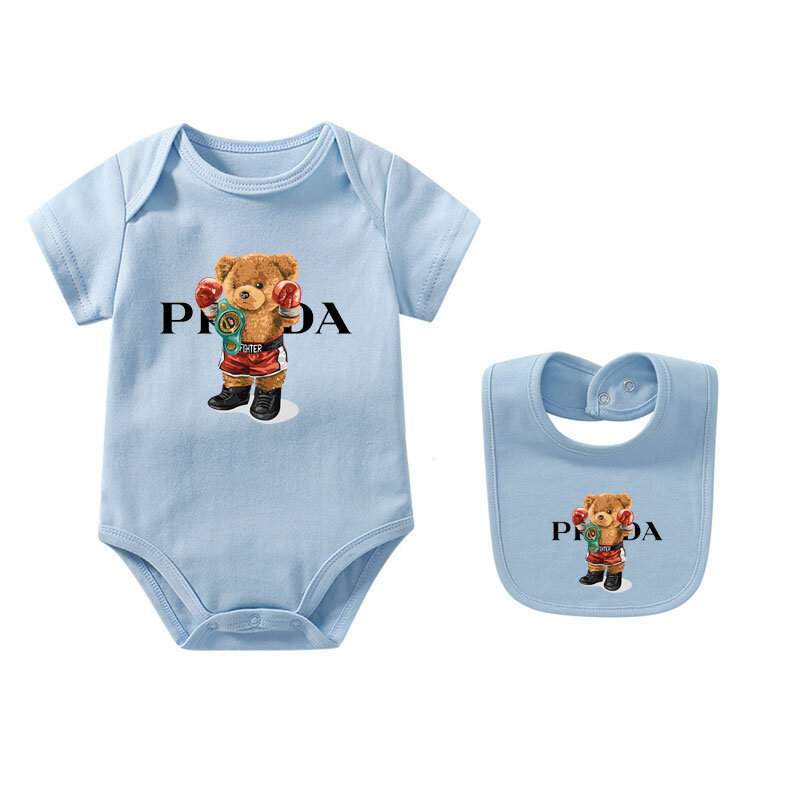 Designer Kids Cute Bear Letters Print Rompers With Bibs Pure Cotton Newborn Baby Jumpsuits For Girls Boys Kids Clothes Bodysuit
