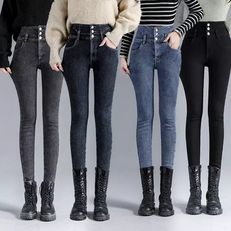 Zoenova Winter Dik Fluwelen Vrouwen Hoge Taille Skinny Jeans Eenvoudige Fleece Warm Slim Fit Stretch Dames Casual Denim Potlood Broek