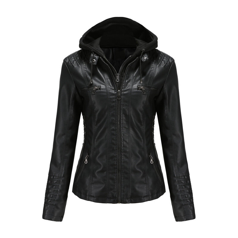 Pu Leather Jacket Hooded Detachable Plus Size Motorcycle Women Clothes Ladies Solid Color Washed Leather Coat Two-Piece Set