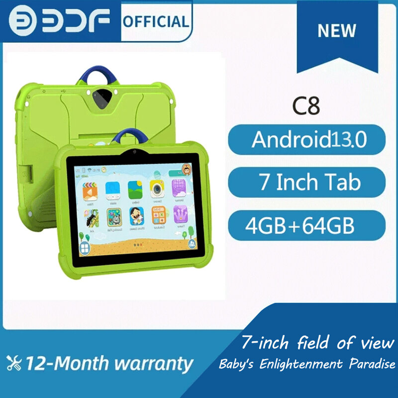 2024 BDF 어린이 태블릿 안드로이드 13.0 태블릿, 어린이 공부 교육, 블루투스, WiFi, 귀여운 보호 케이스, 어린이 선물, 7 인치
