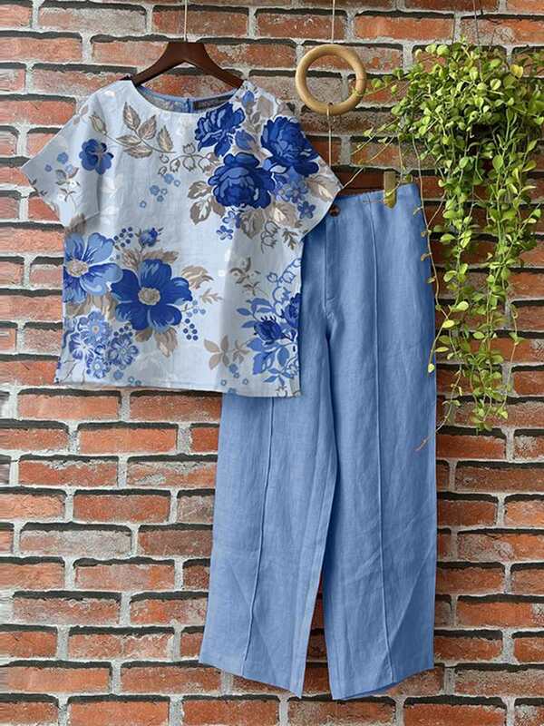 ZANZEA 2PCS Women Summer Pant Sets Short Sleeve Blouse Trousers Suits Floral Tracksuits Vintage OL Work Matching Sets Oversize
