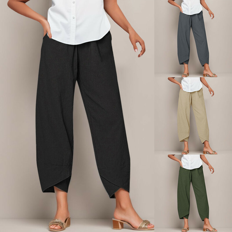 Calça comprida de perna reta solta feminina, cintura alta, casual, monocromática, algodão, Simplicidade, cotidiano, feminina