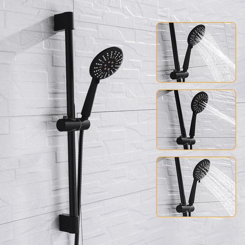 Cabezal de ducha de mano ABS de 3 funciones, juego de rociador de lluvia de alta presión, barra deslizante de montaje en pared con gancho y soporte, color negro