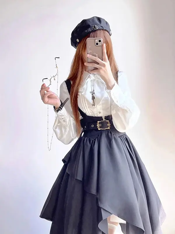 Traje de Lolita gótico feminino, casaco escuro, vestido com alça, estilo de academia, Halloween