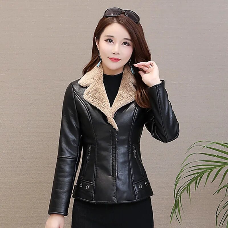 Jaket kulit PU wanita Korea, mantel kulit PU wanita, jaket pendek ukuran besar, mantel bulu hangat tebal, model Korea, baru, 2024