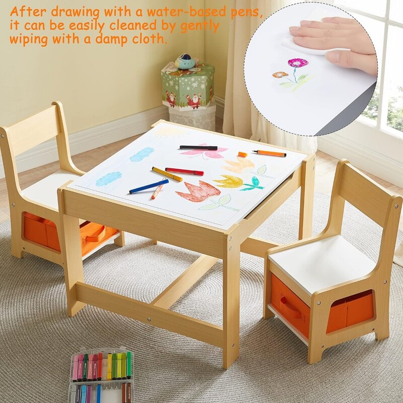 ชุดโต๊ะและเก้าอี้เด็กสามในหนึ่งโต๊ะกิจกรรมไม้พร้อมลิ้นชักชุดโต๊ะและเก้าอี้แบบถอดได้สองในหนึ่ง