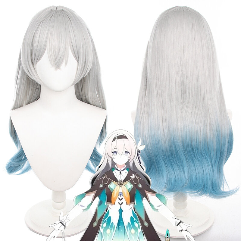Game Honkai: Star Rail Firefly Wig Cosplay wanita dewasa rambut panjang biru putih gradien tahan panas Wig sintetis Halloween