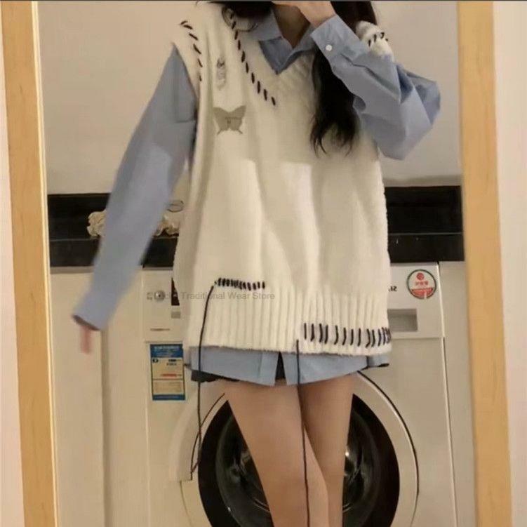 Koreanischer Stil zweiteiliger Anzug College-Stil Design Sinn Quaste vielseitige V-Ausschnitt Pullover Weste Mädchen JK Weste Schuluniform Weste