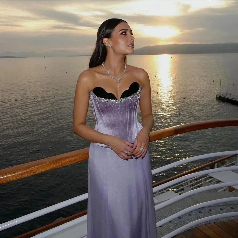 Crystal Beads Lilac Prom Dresses Sweetheart Sleeveless Lace-up Evening Dress Floor-Length Customizable Party Gown Vestidos