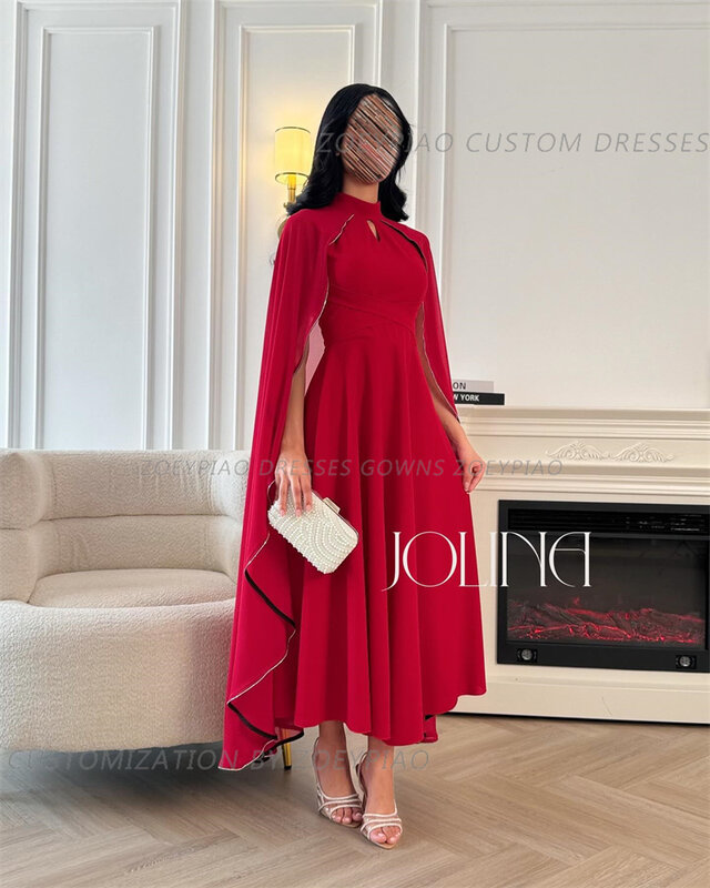 2024 High Neck Long Cape A Line Short Red Satin Elegant Prom Gowns Formal Arabic Custom Evening Party Dress For Women