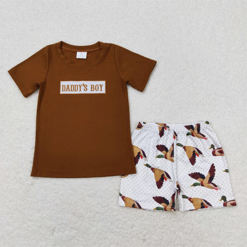 Wholesale Kids Daddy's Boy Girl Tops Shorts Brown Cotton Ducks Outfit Children Embroidery Summer Father's Day Set