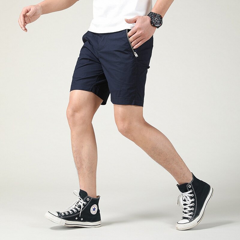 Summer 100% Cotton Straight Zipper Cargo Shorts For Men Wash Solid Casual Knee Length Streetwear Pants Blue Khaki Beach Trousers