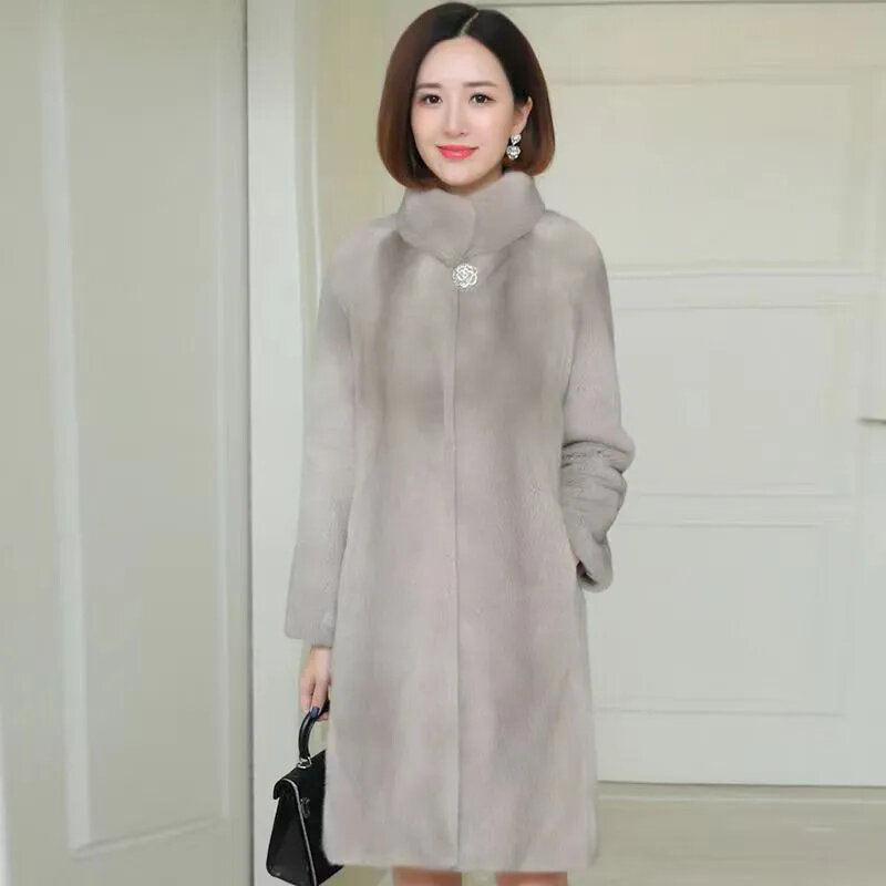 Mantel bulu imitasi untuk wanita, mantel bulu imitasi panjang setengah kerah berdiri tebal musim gugur musim dingin 2023, mantel bulu domba Korea untuk wanita