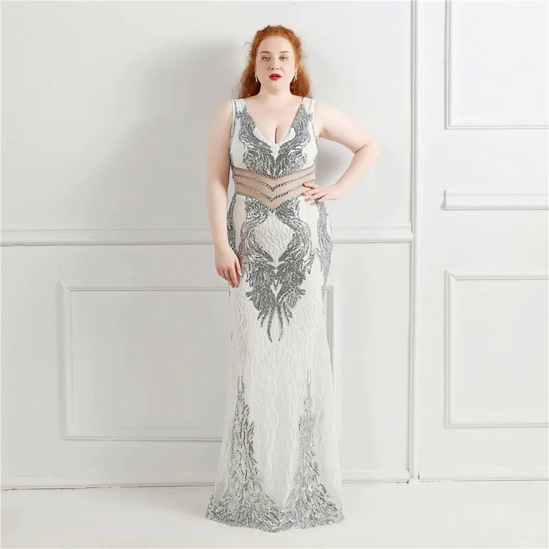 Slatuo Women's Plus Size Sequin Deep V-Neck Sleeveless Sexy Waist Transparency Bodycon Maxi Evening Prom Dress