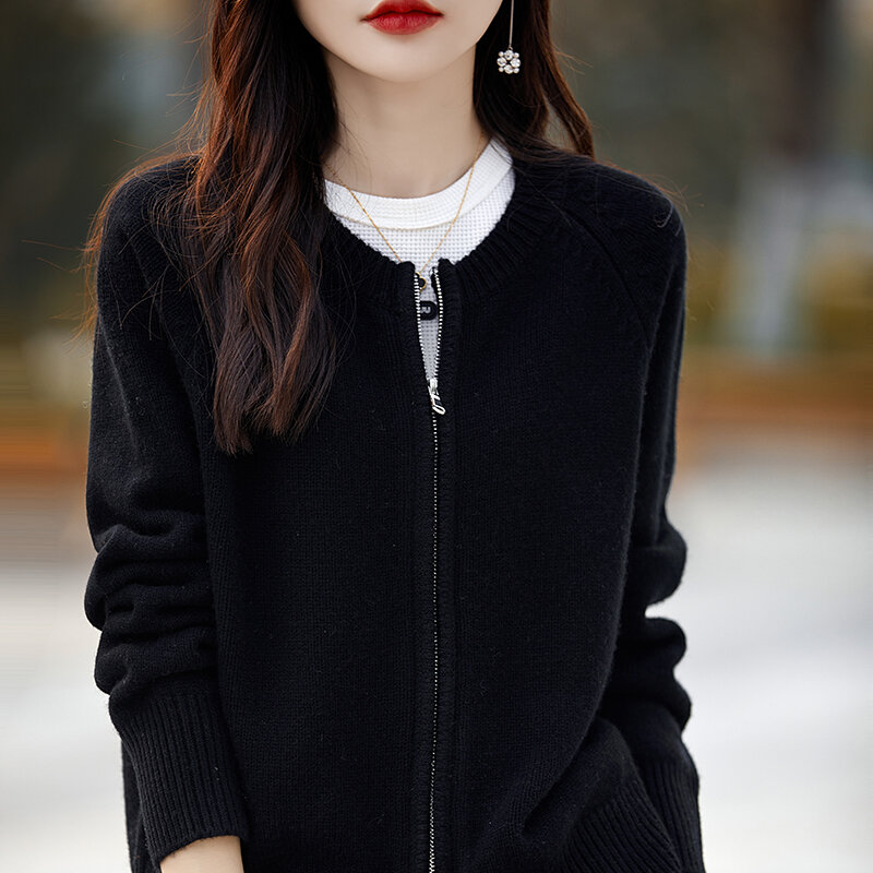 Cardigã de zíper curto feminino, suéter 100% lã merino, malha casual, tops coreanos populares, manga comprida, primavera e outono